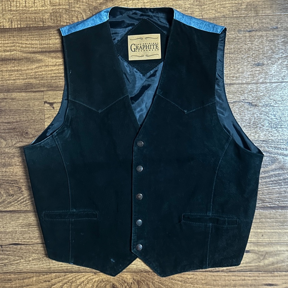 Graphite ~ Men’s Large ~ Vintage ~ Black Suede Leather W/ Denim Blue ~ Vest